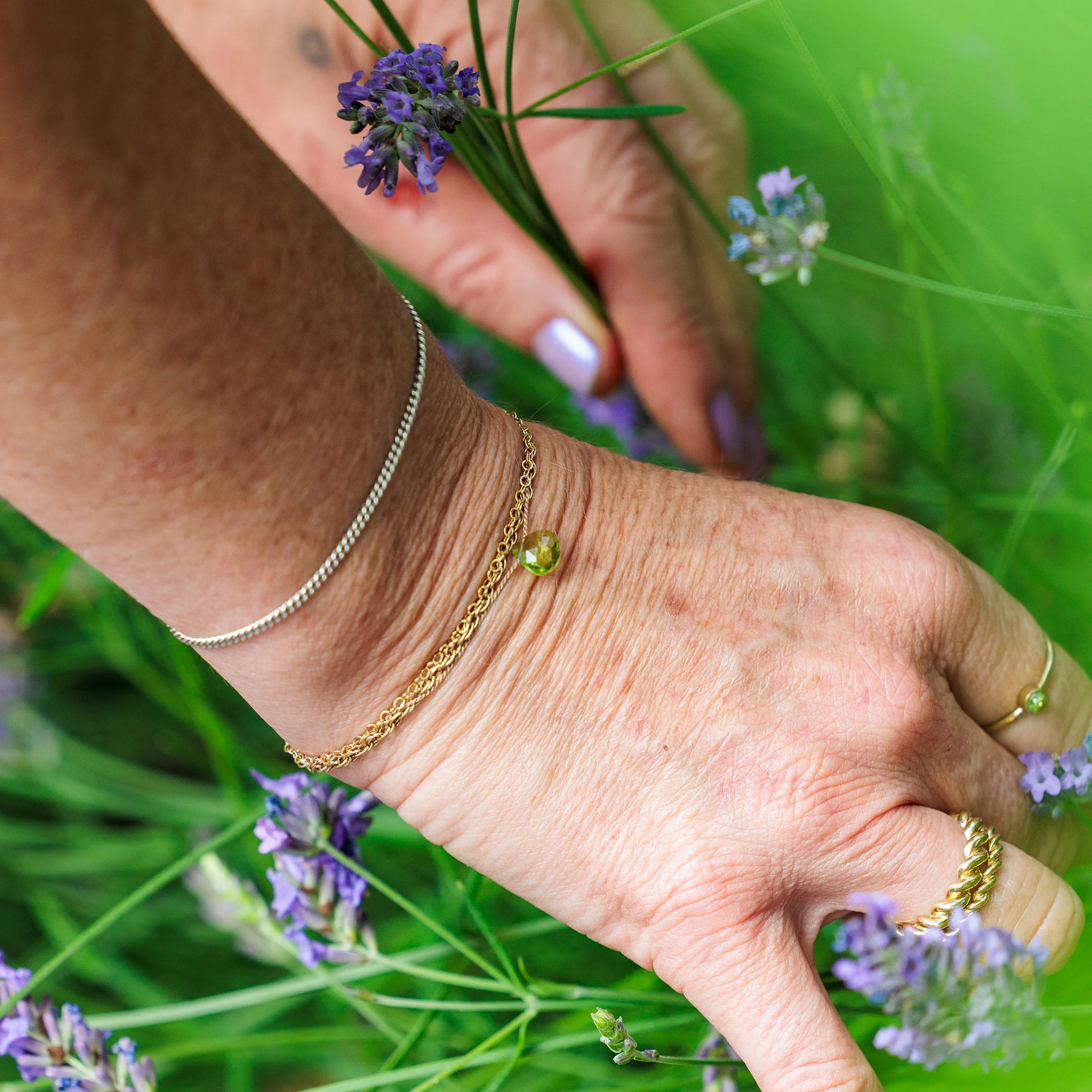 August Peridot Gold and Silk Birthstone Bracelet - Image 3